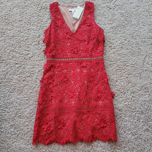 FLORAL Appliqué Lace Floral Dress Michael Kors Size 6 Red and Beige - Picture 2 of 8